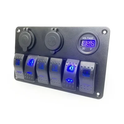 Tableau 12V PANEL SOLAIRE (6 interrupteurs + USB 2 x 2.1A + allume-cigare 12V + Voltmètre digital)